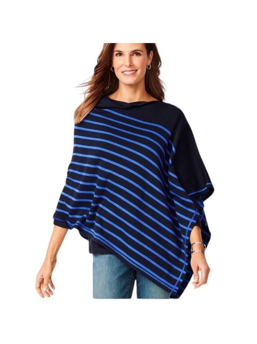 Talbots Navy and Blue Striped Asymmetrical Poncho Sweater Top Size Small/Medium